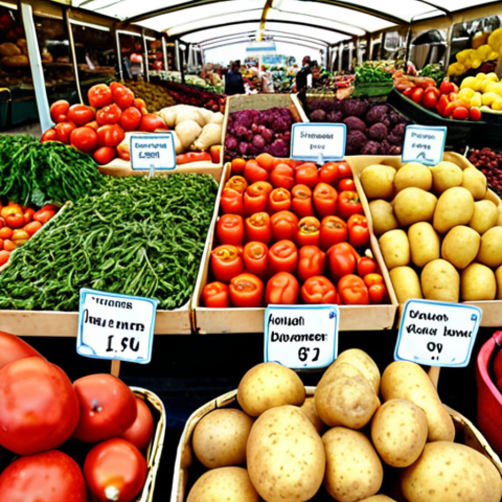 **Prompt:** A vibrant German farmer's market stall overflowing with diverse produce: potatoes, tomatoes, herbs, and fruits. Focus on the variety and freshness, showcasing an alternative to monoculture farming. Shot in a slightly elevated perspective to capture the whole scene. German signs and local customers add to the authenticity.