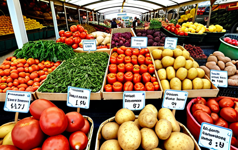 **Prompt:** A vibrant German farmer's market stall overflowing with diverse produce: potatoes, tomatoes, herbs, and fruits. Focus on the variety and freshness, showcasing an alternative to monoculture farming. Shot in a slightly elevated perspective to capture the whole scene. German signs and local customers add to the authenticity.