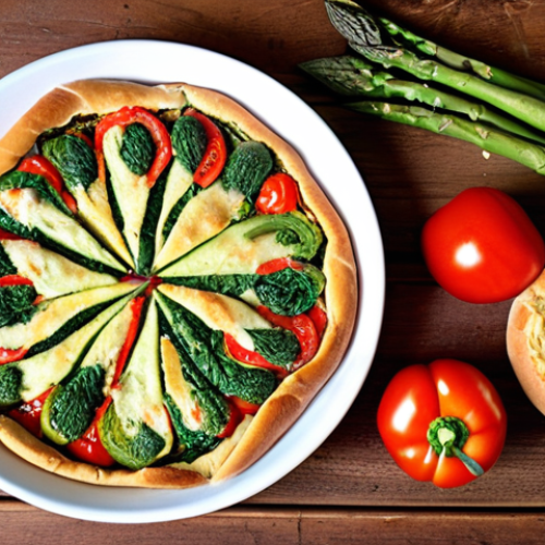 **

A vibrant, overhead shot of a kitchen table. The table features a delicious, rustic quiche made with leftover vegetables (e.g., asparagus, bell peppers, tomatoes). Around the quiche, artistically arranged, are the "ingredients" or scraps that went into it - a handful of wilted spinach, half a zucchini, the end of a loaf of bread turned into croutons. The overall feeling is colorful, inviting, and resourceful. The setting suggests a cozy, German kitchen.

**