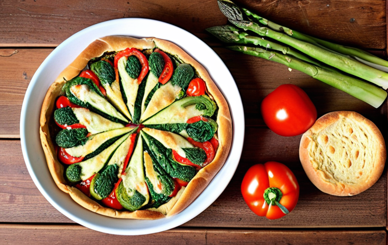 **

A vibrant, overhead shot of a kitchen table. The table features a delicious, rustic quiche made with leftover vegetables (e.g., asparagus, bell peppers, tomatoes). Around the quiche, artistically arranged, are the "ingredients" or scraps that went into it - a handful of wilted spinach, half a zucchini, the end of a loaf of bread turned into croutons. The overall feeling is colorful, inviting, and resourceful. The setting suggests a cozy, German kitchen.

**