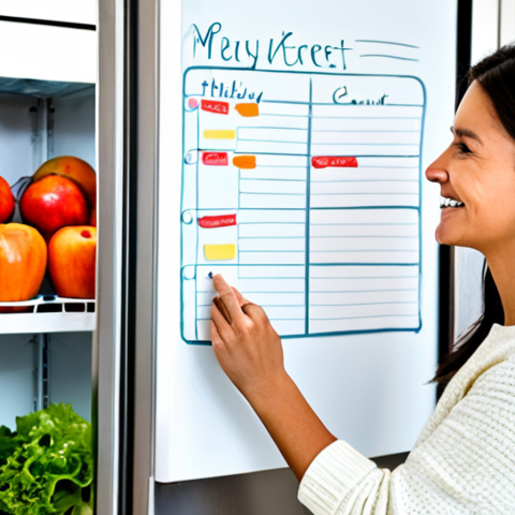 Weekly Meal Plan**
A brightly lit kitchen scene. A woman, fully clothed in a modest sweater and jeans, is smiling as she writes on a weekly meal planner on a magnetic whiteboard attached to the refrigerator. The refrigerator is clean and organized with labeled containers. Fresh produce (apples, carrots, lettuce) is visible. Safe for work, appropriate content, family-friendly. Perfect anatomy, correct proportions, natural pose, well-formed hands, proper finger count, natural body proportions. Professional, high quality, fully clothed.
**