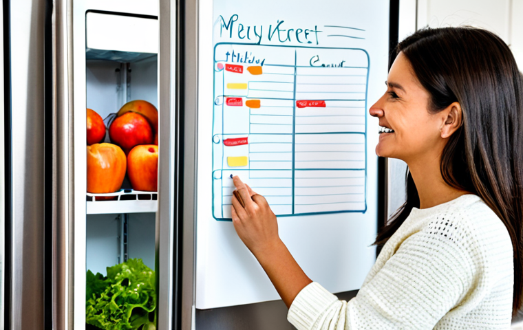 Weekly Meal Plan**
A brightly lit kitchen scene. A woman, fully clothed in a modest sweater and jeans, is smiling as she writes on a weekly meal planner on a magnetic whiteboard attached to the refrigerator. The refrigerator is clean and organized with labeled containers. Fresh produce (apples, carrots, lettuce) is visible. Safe for work, appropriate content, family-friendly. Perfect anatomy, correct proportions, natural pose, well-formed hands, proper finger count, natural body proportions. Professional, high quality, fully clothed.
**
