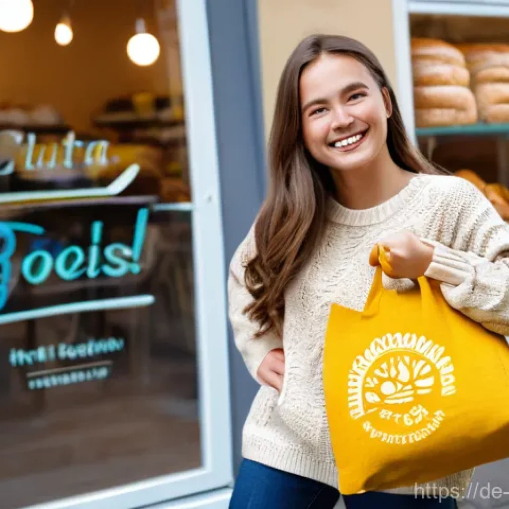 음식물 쓰레기 감소 운동의 성공 사례 - **Prompt:** A young, smiling woman with long brown hair, wearing a cozy knit sweater, is joyfully ho...