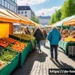 Home 22 전국 음식물 쓰레기 줄이기 사례 연구 - A bustling urban food-sharing market scene in Berlin, featuring diverse people exchanging surplus gr...