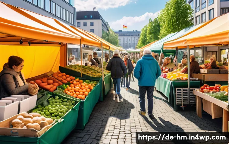 전국 음식물 쓰레기 줄이기 사례 연구 - A bustling urban food-sharing market scene in Berlin, featuring diverse people exchanging surplus gr...