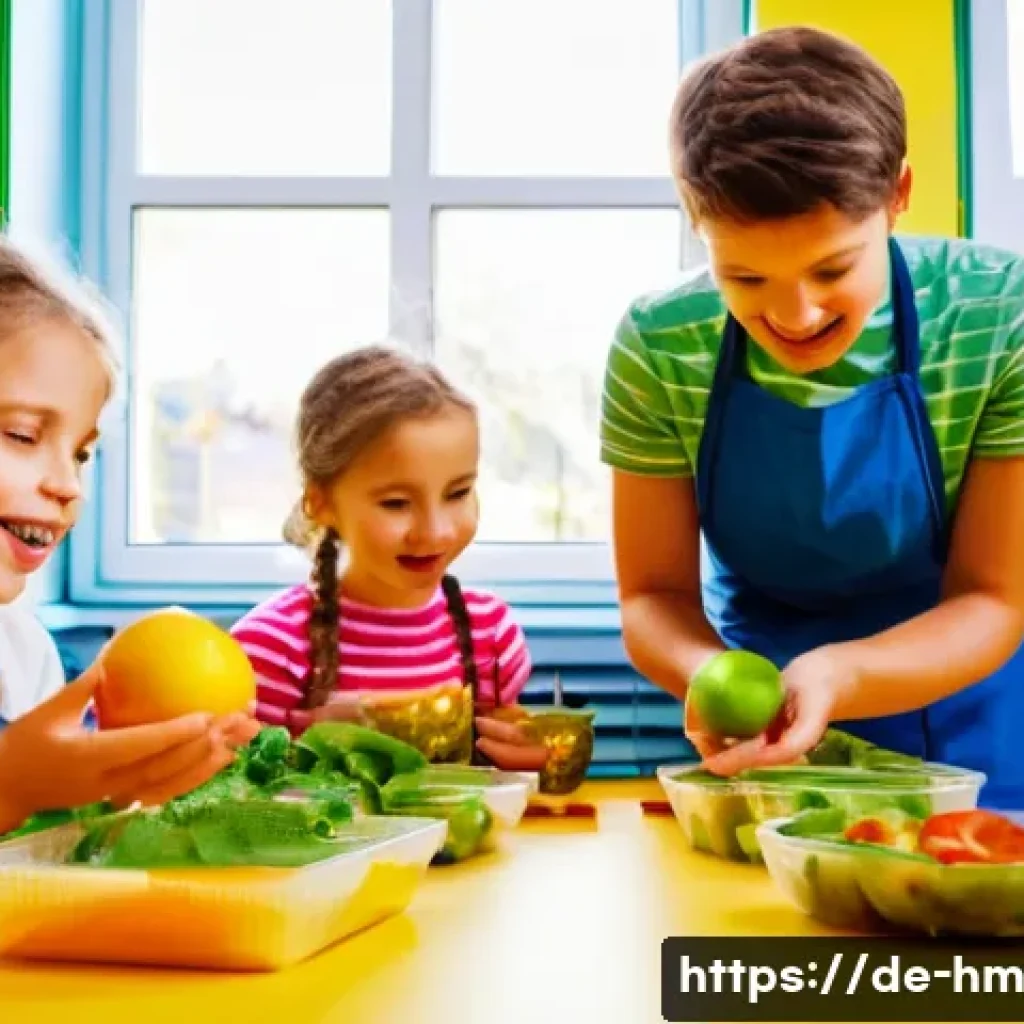 음식물 쓰레기 감소를 위한 어린이 교육 프로그램 - A lively classroom scene in a German elementary school where children aged 6-8 actively participate ...