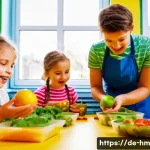 Home 21 음식물 쓰레기 감소를 위한 어린이 교육 프로그램 - A lively classroom scene in a German elementary school where children aged 6-8 actively participate ...
