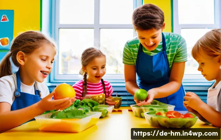 음식물 쓰레기 감소를 위한 어린이 교육 프로그램 - A lively classroom scene in a German elementary school where children aged 6-8 actively participate ...