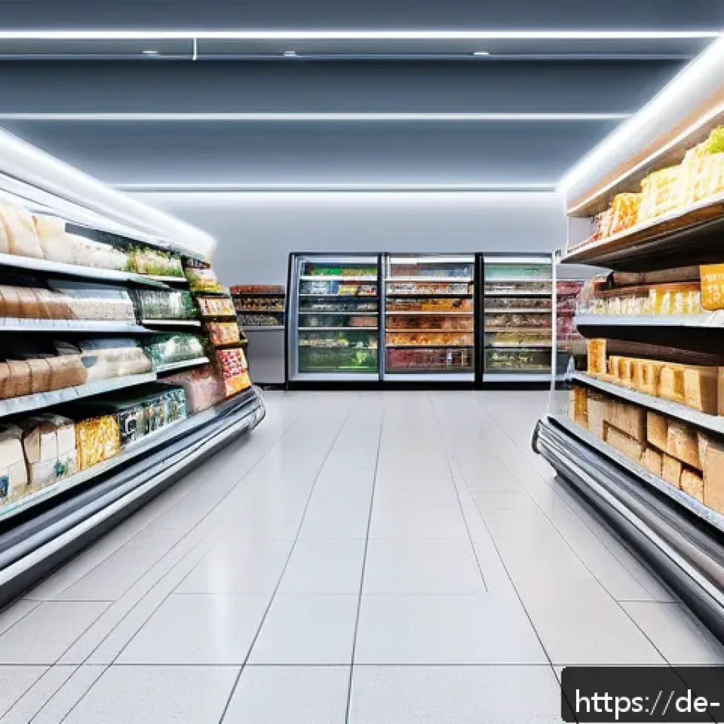 음식물 쓰레기 절감을 위한 새로운 기술 동향 - A modern German supermarket shelf featuring smart packaging with active antibacterial and antioxidan...