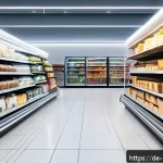 Home 20 음식물 쓰레기 절감을 위한 새로운 기술 동향 - A modern German supermarket shelf featuring smart packaging with active antibacterial and antioxidan...