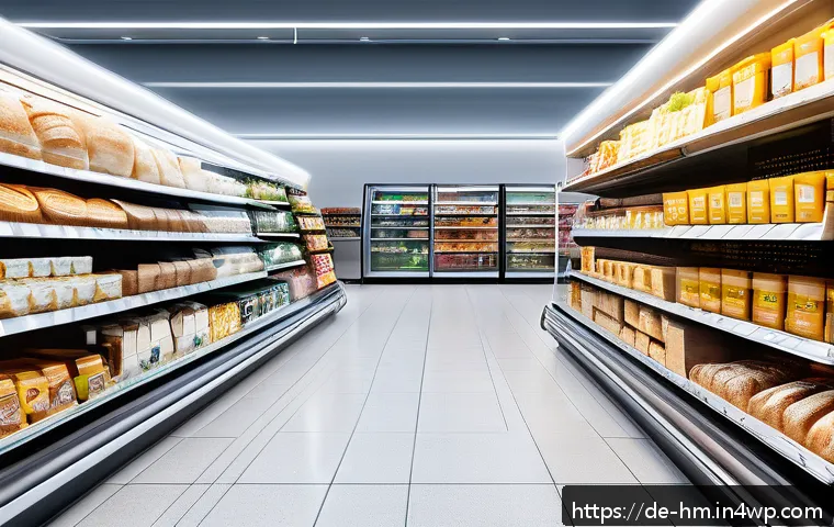음식물 쓰레기 절감을 위한 새로운 기술 동향 - A modern German supermarket shelf featuring smart packaging with active antibacterial and antioxidan...