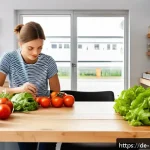 Home 19 음식물 쓰레기 절감 챌린지 참여하기 - A bright, modern German kitchen scene showing a person thoughtfully planning their grocery shopping ...