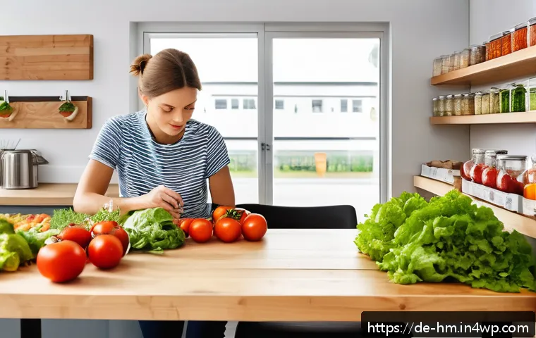 음식물 쓰레기 절감 챌린지 참여하기 - A bright, modern German kitchen scene showing a person thoughtfully planning their grocery shopping ...