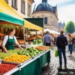 Home 18 음식물 쓰레기 절감을 위한 공공 캠페인 사례 - A vibrant scene at a bustling German city street festival during daytime, featuring colorful market ...
