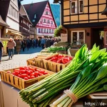 Home 23 음식물 쓰레기 절감을 위한 계절별 식재료 활용법 - A vibrant spring farmers' market scene in Germany, showcasing fresh regional ingredients like wild g...