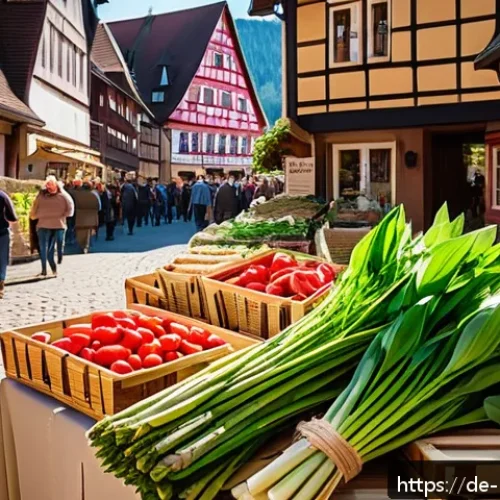 Home 17 음식물 쓰레기 절감을 위한 계절별 식재료 활용법 - A vibrant spring farmers' market scene in Germany, showcasing fresh regional ingredients like wild g...