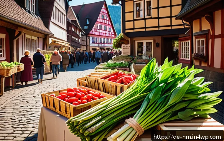 음식물 쓰레기 절감을 위한 계절별 식재료 활용법 - A vibrant spring farmers' market scene in Germany, showcasing fresh regional ingredients like wild g...