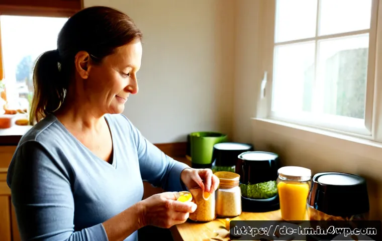 Home 17 음식물 쓰레기 줄이기 위한 자원 재활용 아이디어 - Photorealistic bright German home kitchen, a middle-aged woman carefully sorting vegetable peels, co...