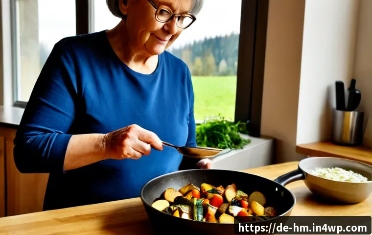 Home 17 음식물 쓰레기 줄이기를 위한 고령자 맞춤형 조리법 - Photorealistic warm German home kitchen, an active senior woman with gray hair and glasses calmly pr...