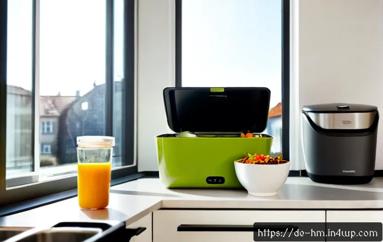 음식물 쓰레기 처리와 관련된 최신 기술 - Photorealistic modern German apartment kitchen, a sleek countertop food-waste composter with a close...