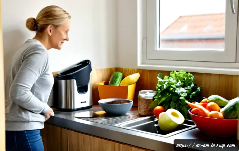 음식물 쓰레기 처리기를 이용한 절약 팁 - Photorealistic bright German apartment kitchen, a compact countertop food waste disposer beside a si...